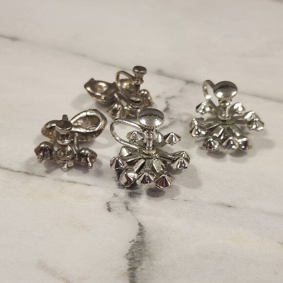 Vintage Rhinestone Necklace & 2 Pairs Of Clip-On Earrings Jewelry Set Silver-Ton - Picture 5 of 7